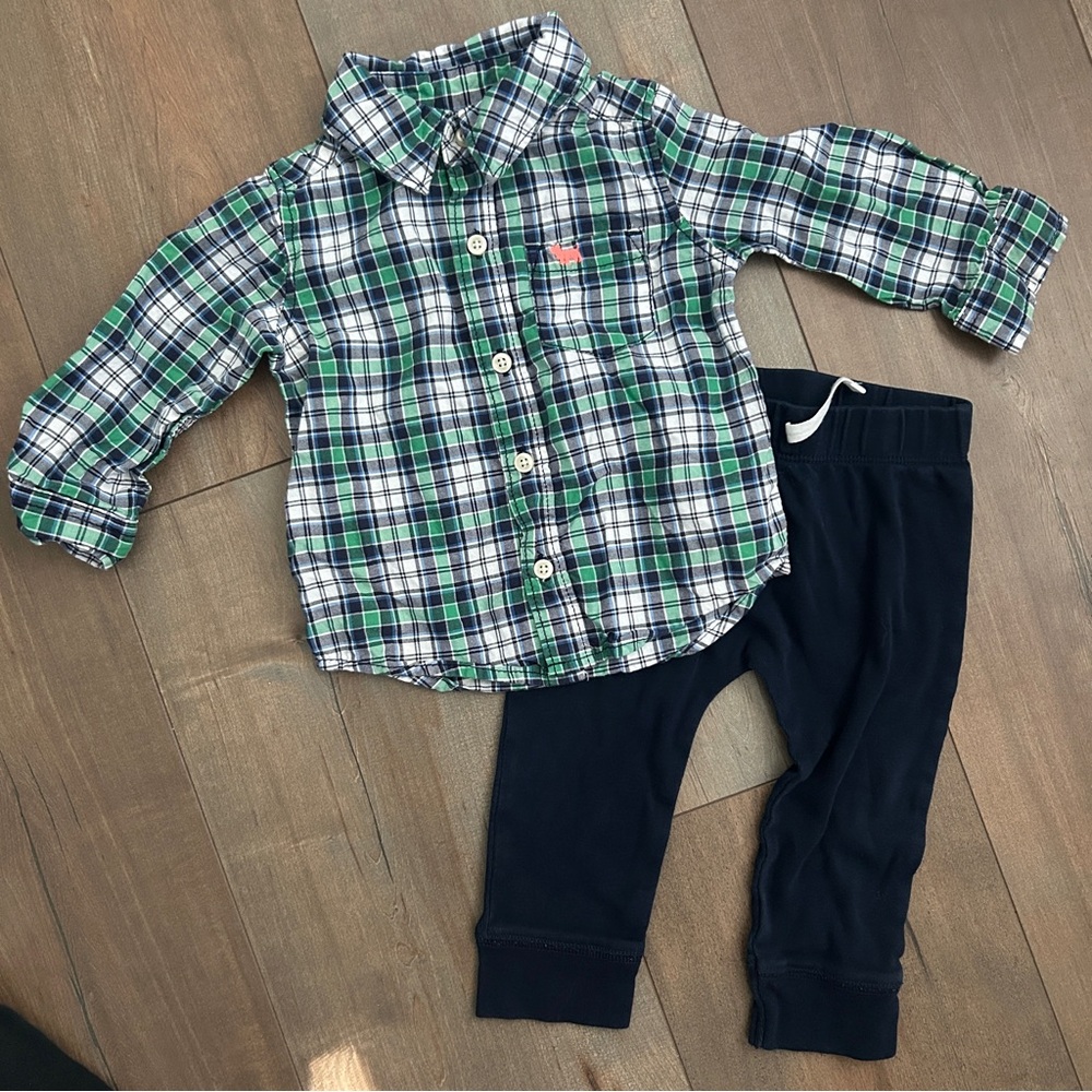 12M Carter's Green Plaid Shirt and Dark Blue Pants Set